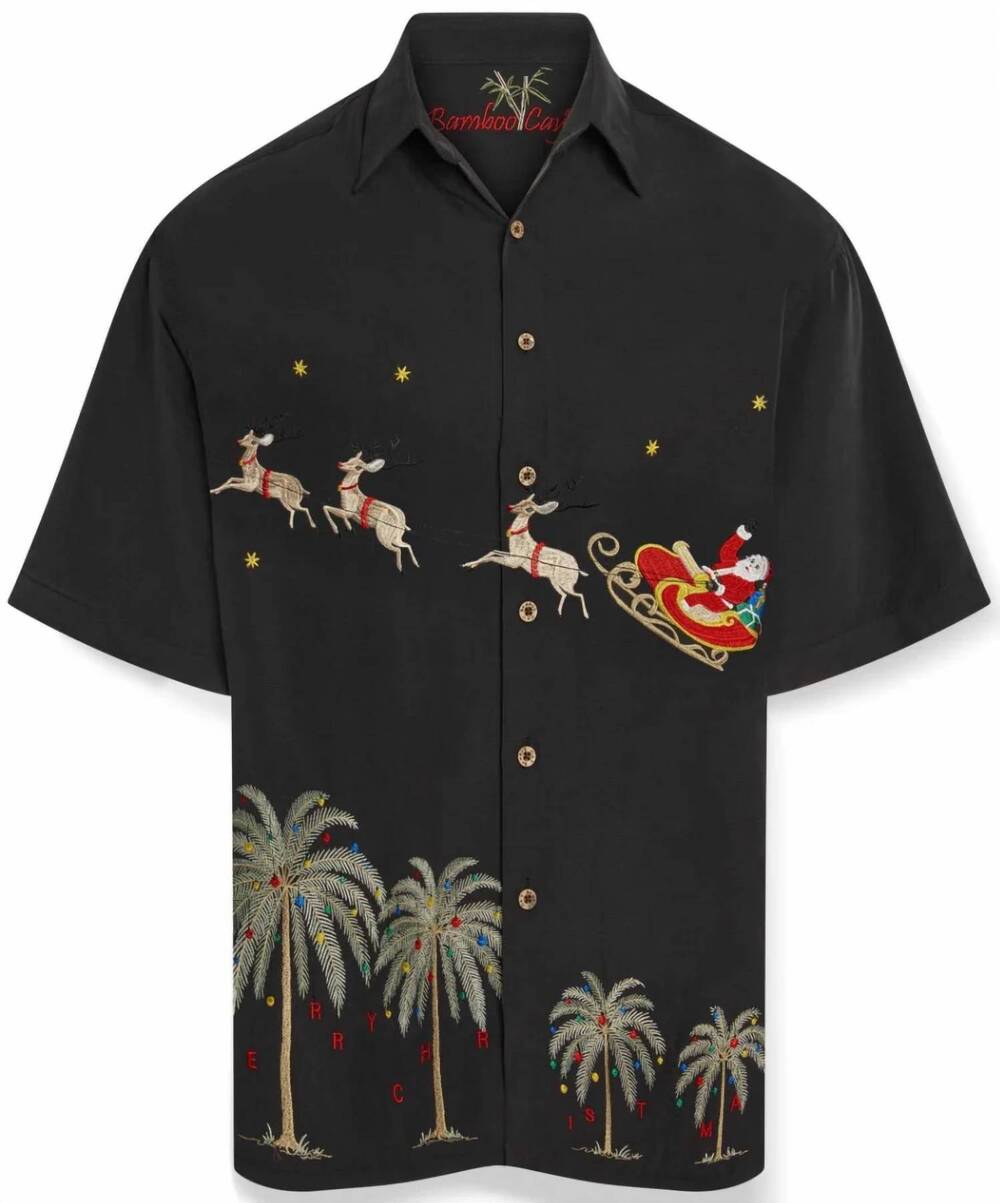 NEW BAMBOO CAY men's flying santa embroidered christmas shirt in black